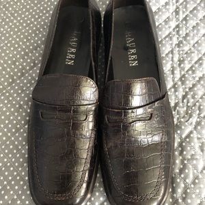 chocolate brown faux alligator penny loafers